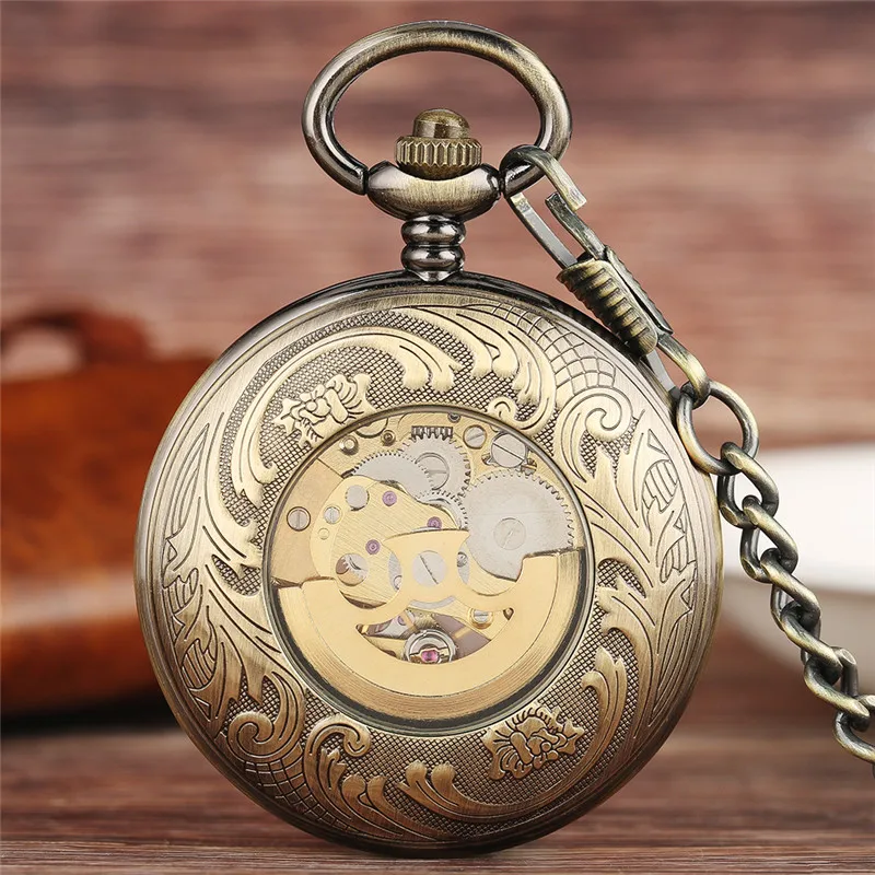 Antique Pocket Watch Men's Automatic Mechanical Watches Half Hunter Case Roman Number Display Clock with Pendant Chain Reloj