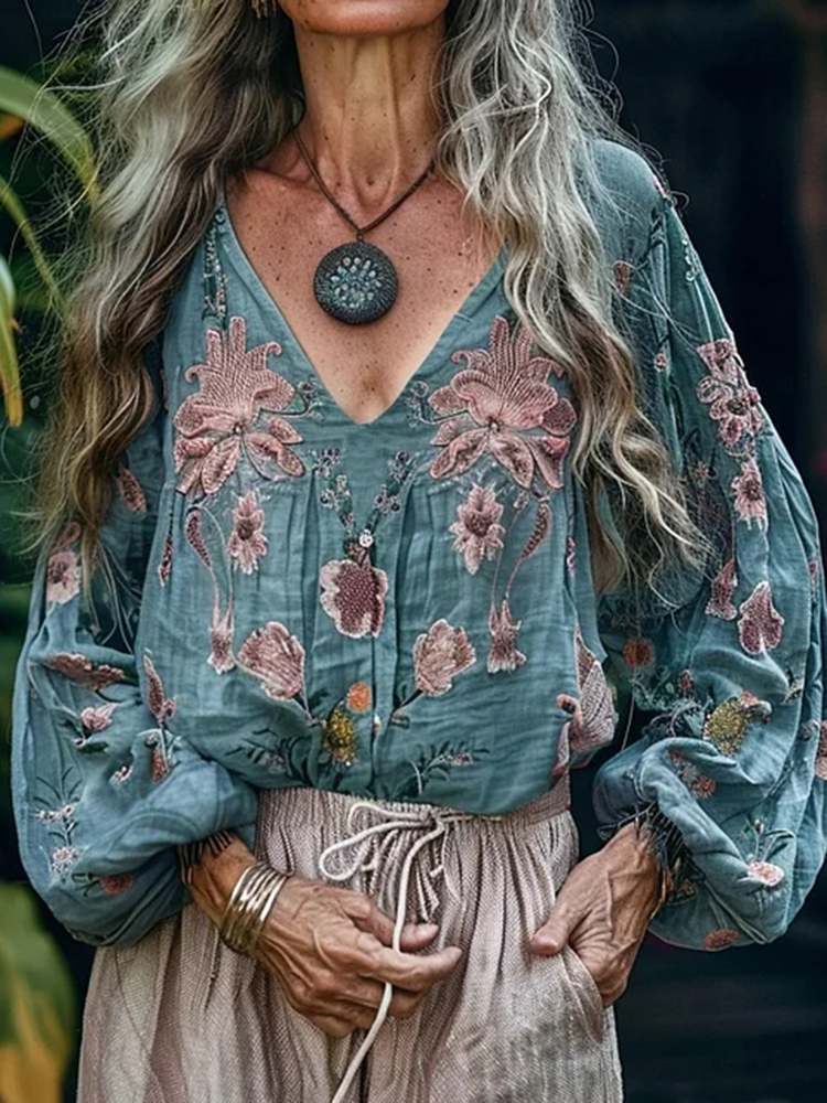 Vintage Bohemian Floral Linen Art Print Long Sleeve V-neck Shirt
