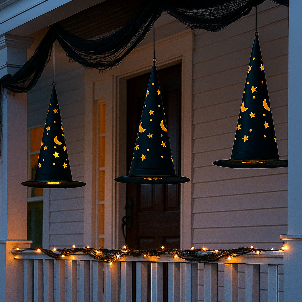 💥ON SALE💥LED Witch-Hat Hanging Light with Moon & Star Cutouts, Remote On/Off🌙✨