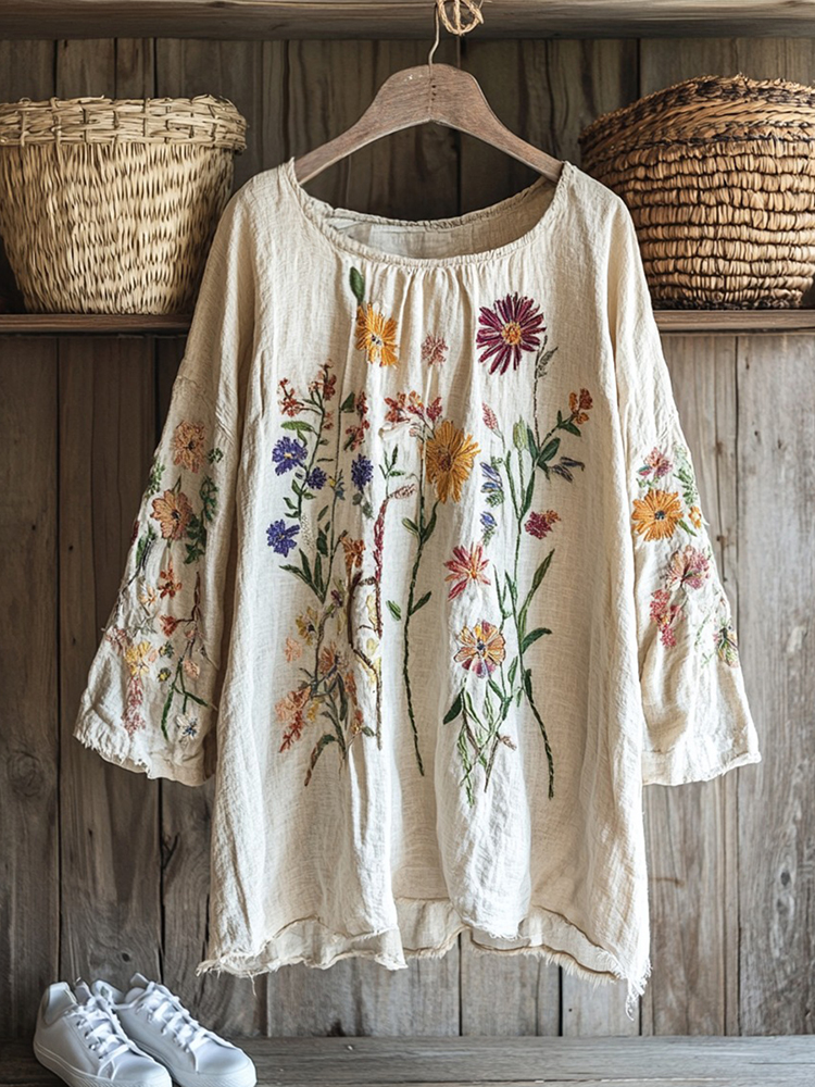 Vintage Floral Embroidery Art Graphics Linen Blend Tunic
