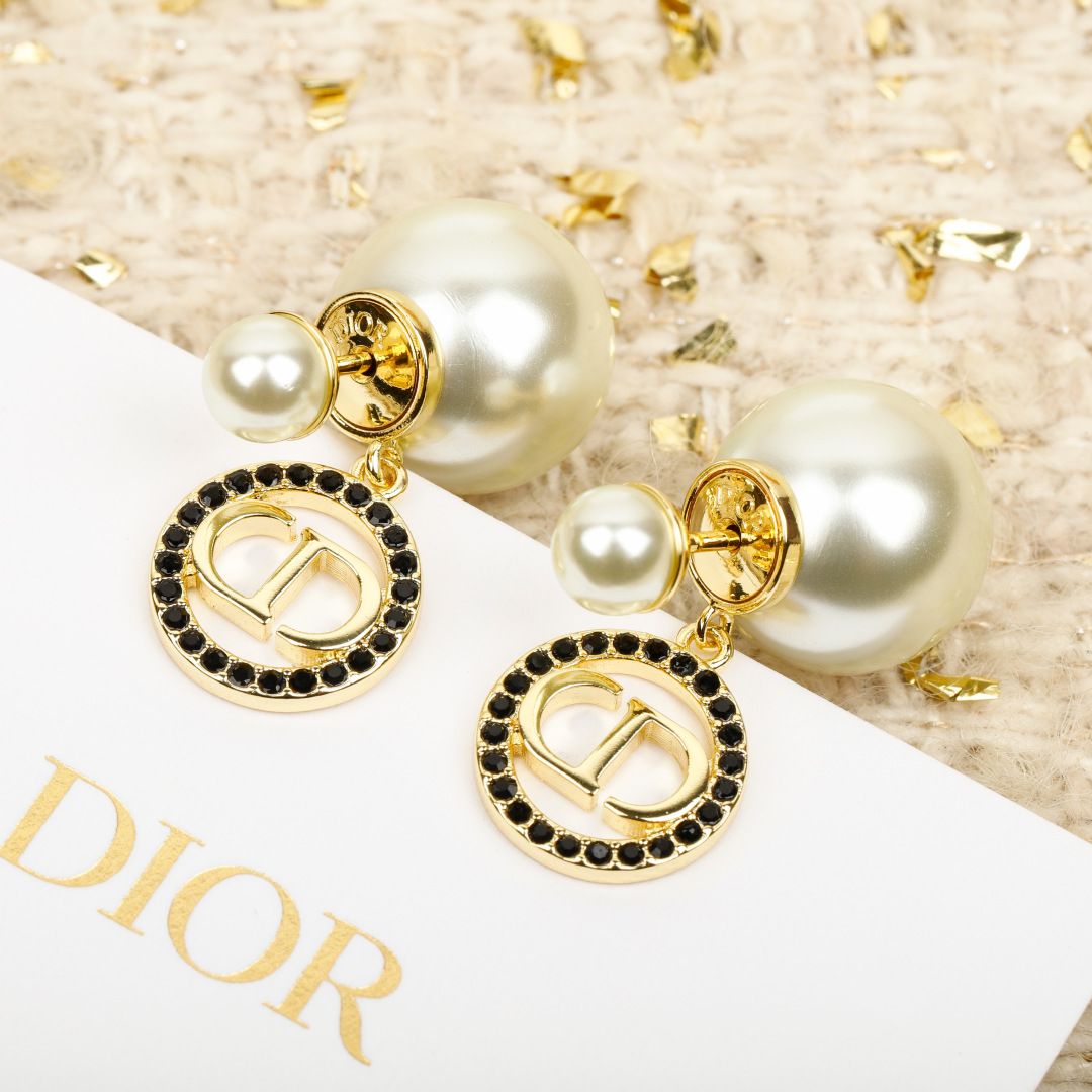 Dior Round Crystal CD Double Ball Pearl Earrings