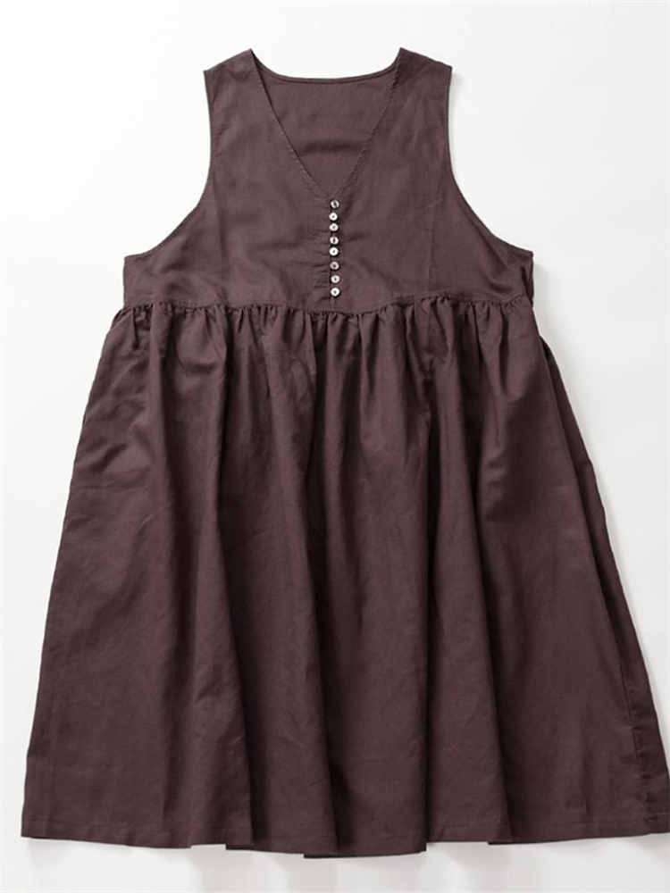 Vintage Button Up Pleated Pinafore Maxi Dress