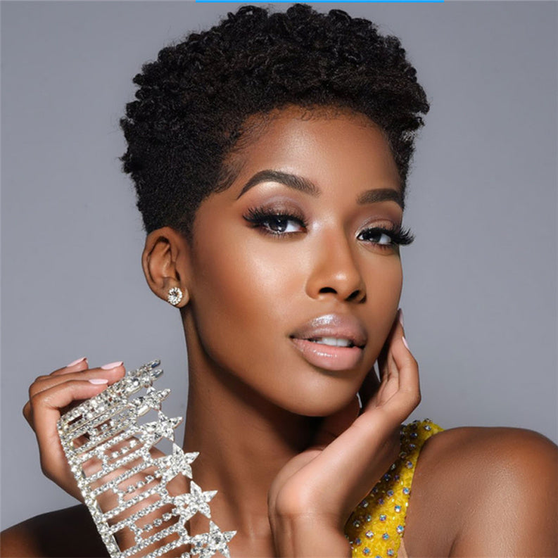 Lunawigs Short Afro Kinky Curly Hair Wig without Bangs