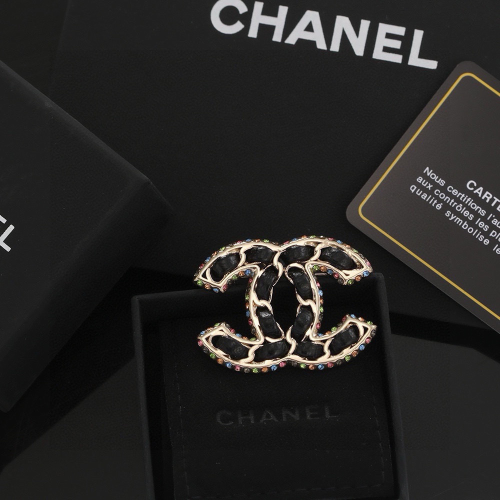 Chanel Black Leather Diamond Brooch