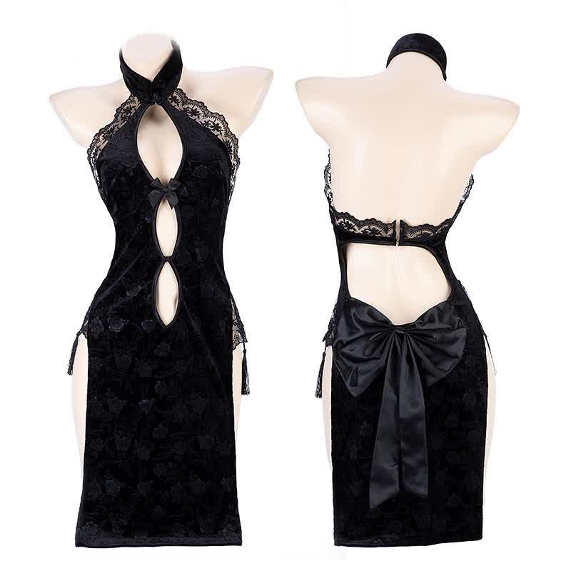 Halter Bow Decor Hollow Lace Cheongsam Dress Lingerie
