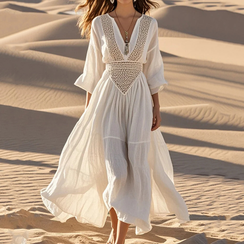 Women's Hollow Out Exra Large Hem Cotton Maxi Dress Spring
