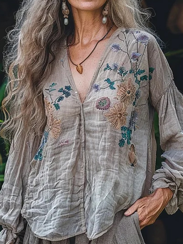 Retro Bohemian Floral Linen Art Print Long Sleeve V-neck Shirt