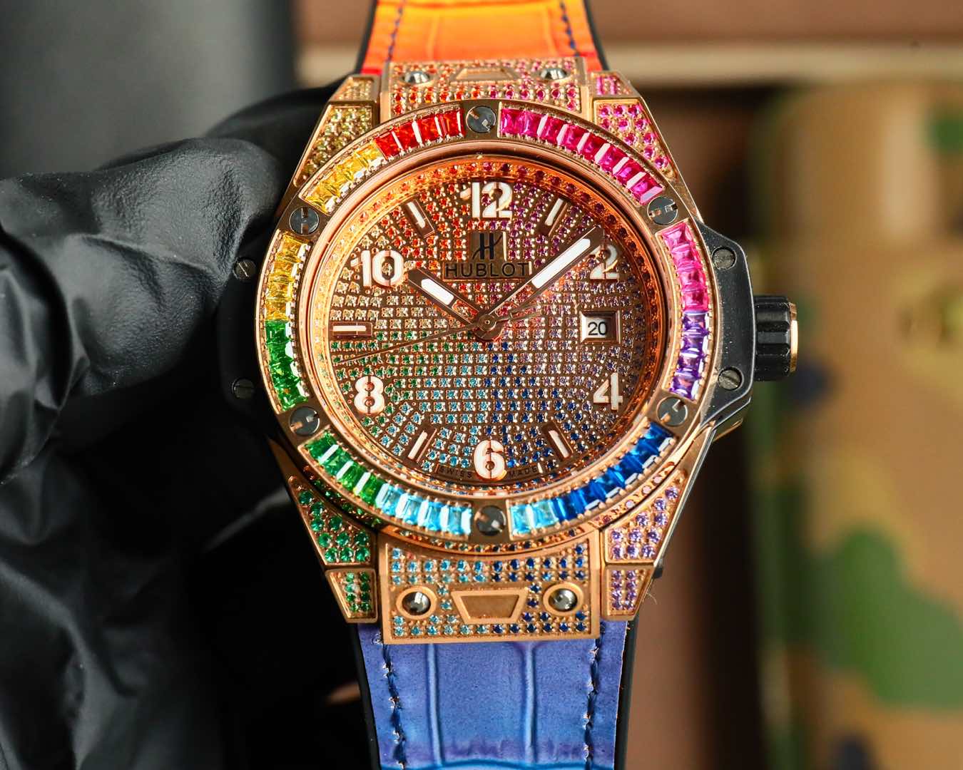 Hublot Big Bang stainless steel rainbow diamond watch