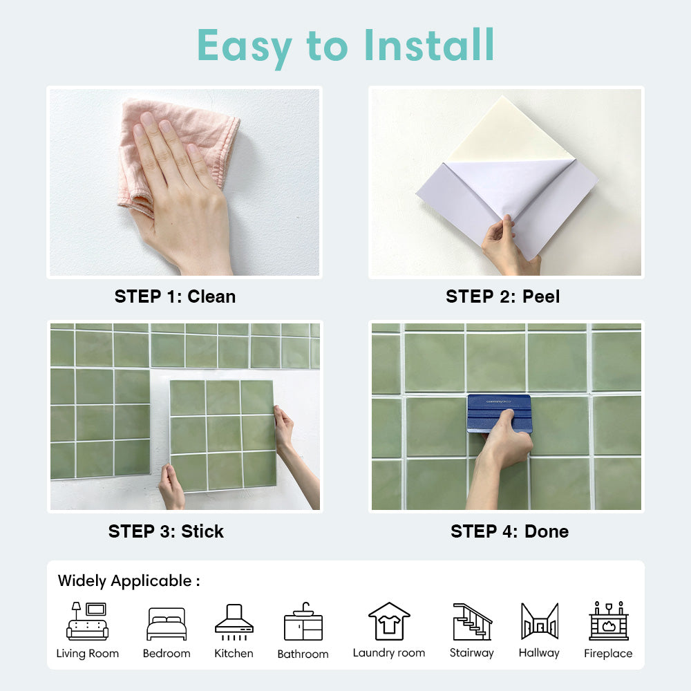 3D Sage Green Ceramic Square Peel and Stick Wall Tile