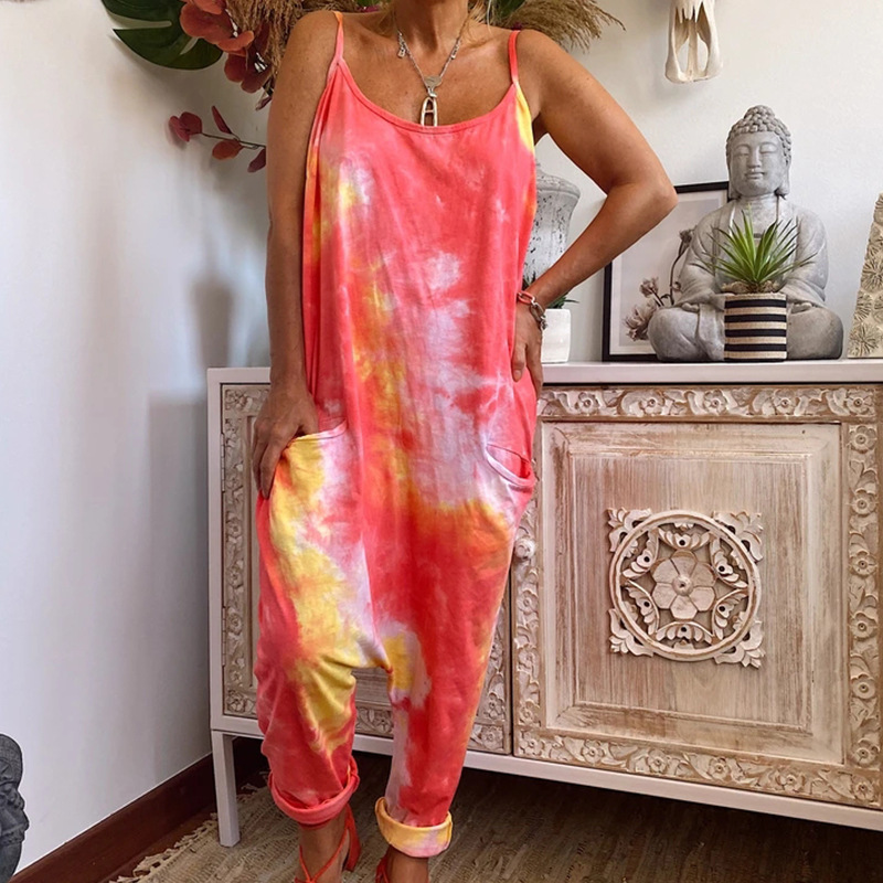 Casual Fashion Tie Dye Suspender Loose Jumpsuit