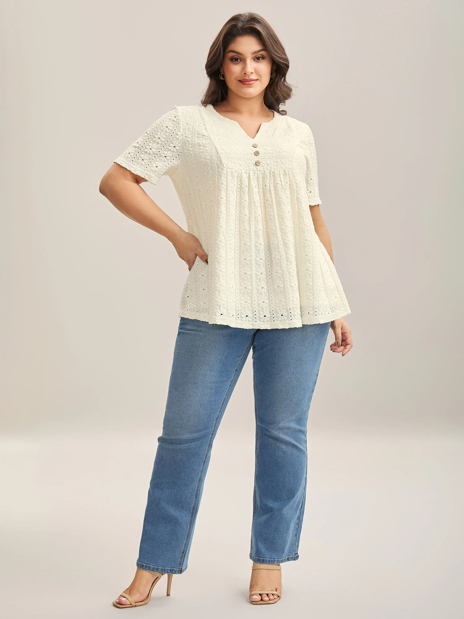 Textured Pleated Split Neck T-Shirt