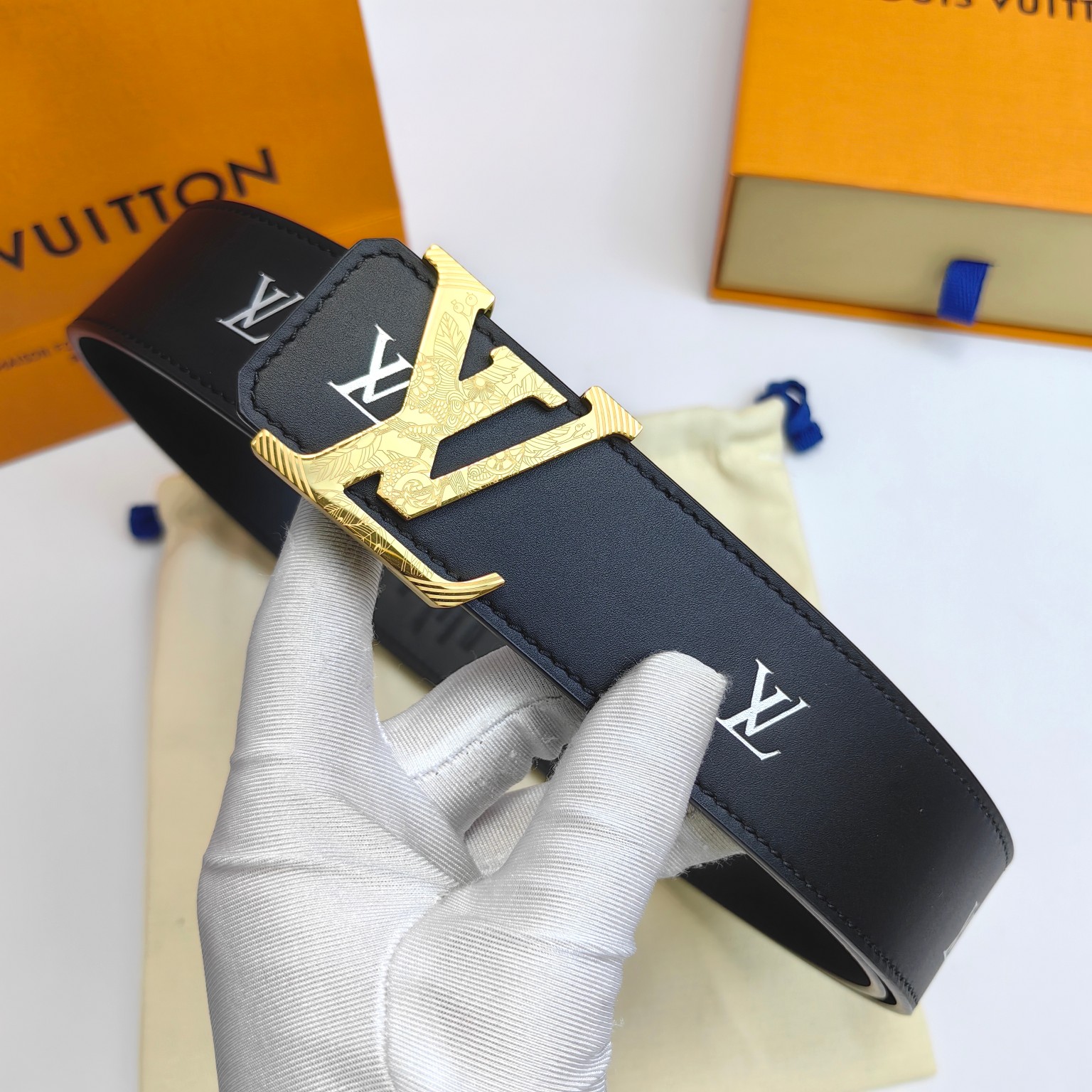 Louis Vuitton Men's Leather Belt with Engraved Buckle, 4CM Width