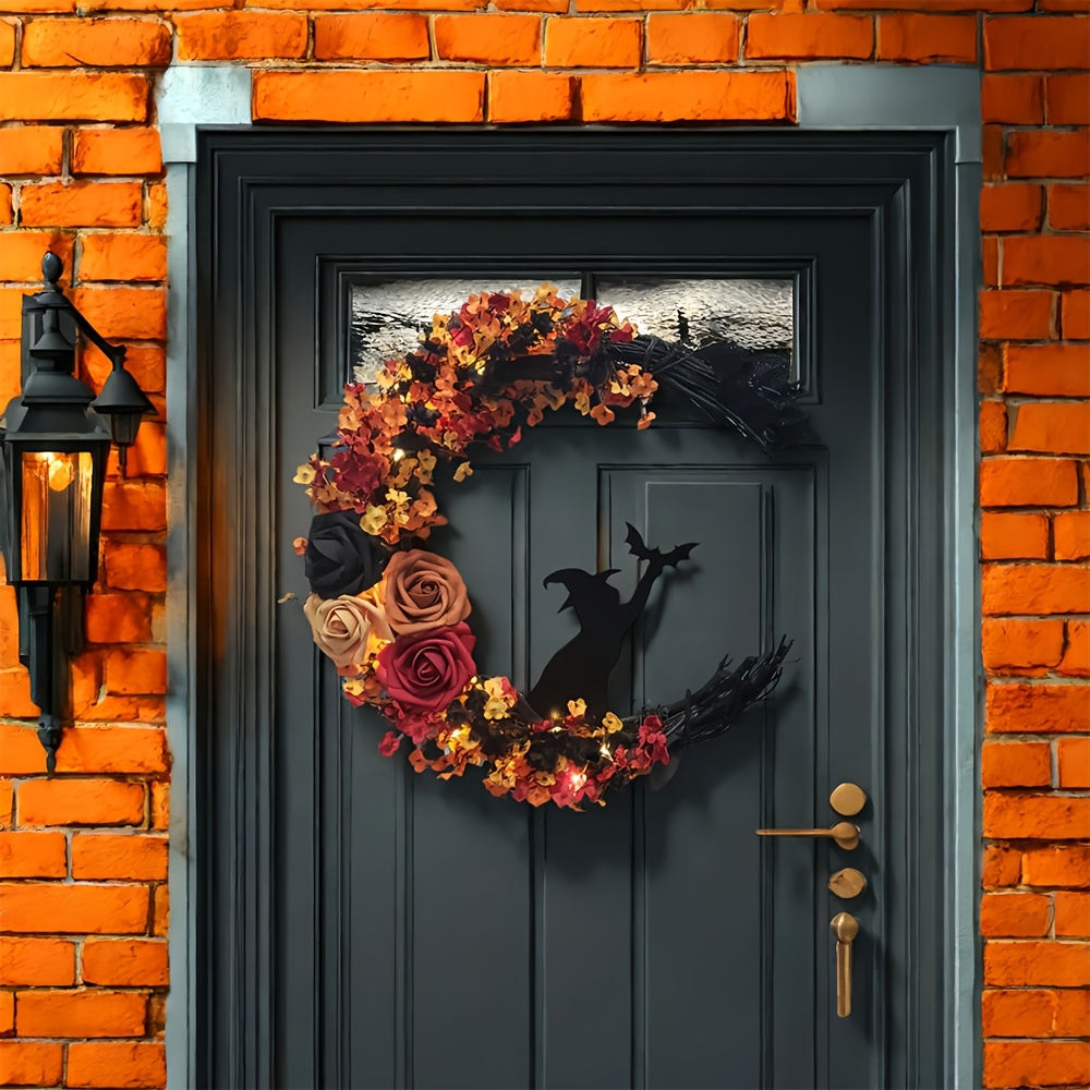 💥ON SALE💥-🌙 Witch Cat Moon Wreath  with Autumn Leaves & Roses 🐈‍⬛🍂🌹