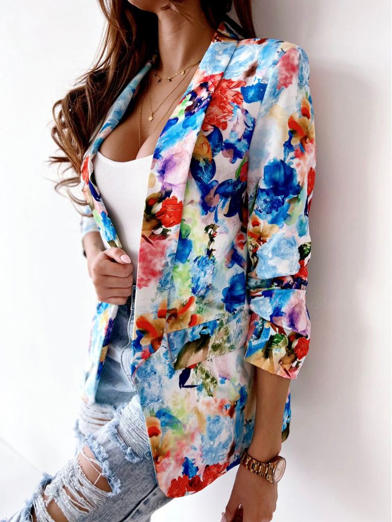 Floral Digital Printing Long Sleeve Lapel Women's Slim Fit Jacket