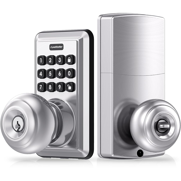 Door Knob with Keypad, Door Lock with Code, Keyless Door Knob, Auto Lock,50 User Code,Waterproof, Easy to Install and Program for Bedroom Garage Office Gate - Satin Nickel -ApeStellar