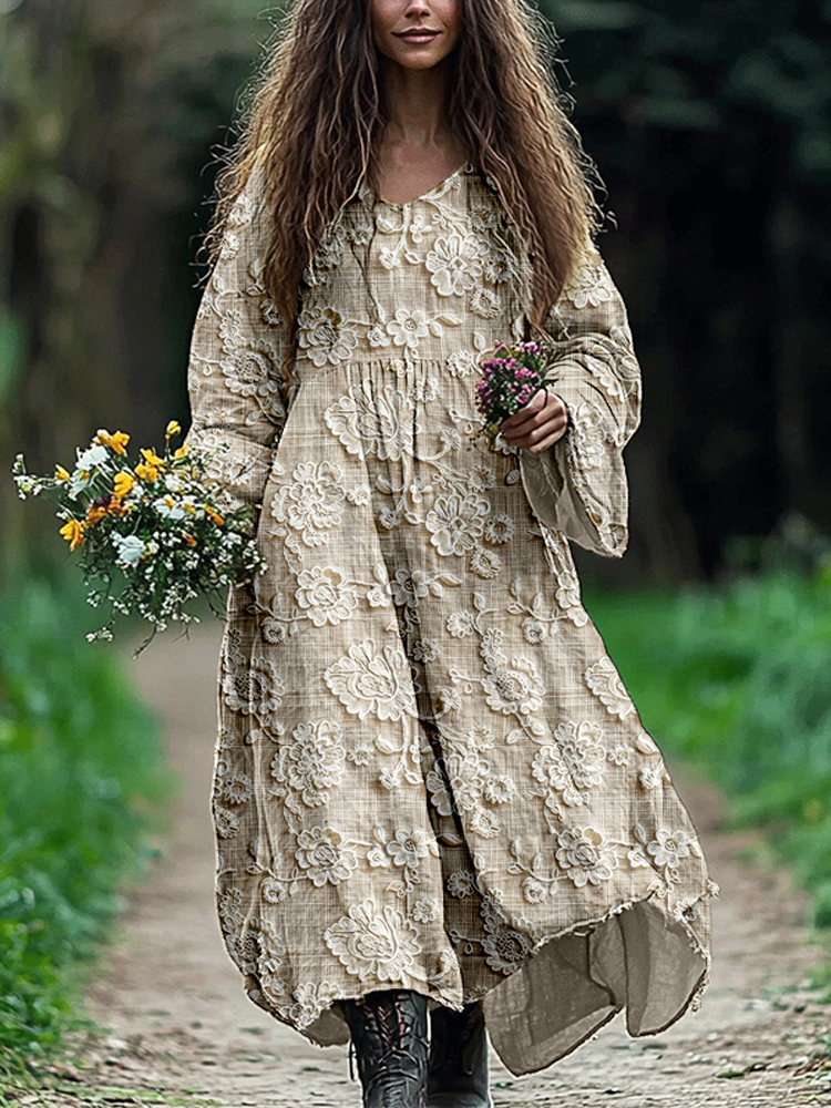 Elegant Floral Lace Embroidered Linen Blend Maxi Dress