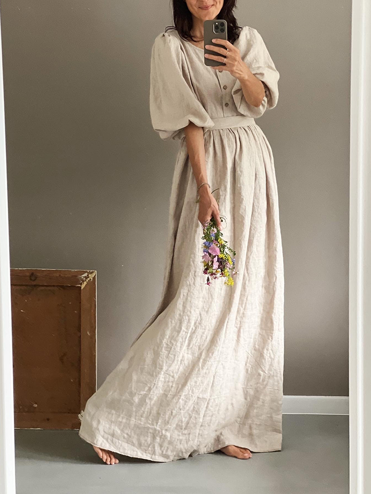 Casual Button Balloon Sleeve Solid Maxi Dress