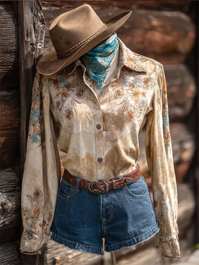Women's Vintage Western Horse Design Cotton and Linen Blend Shirt