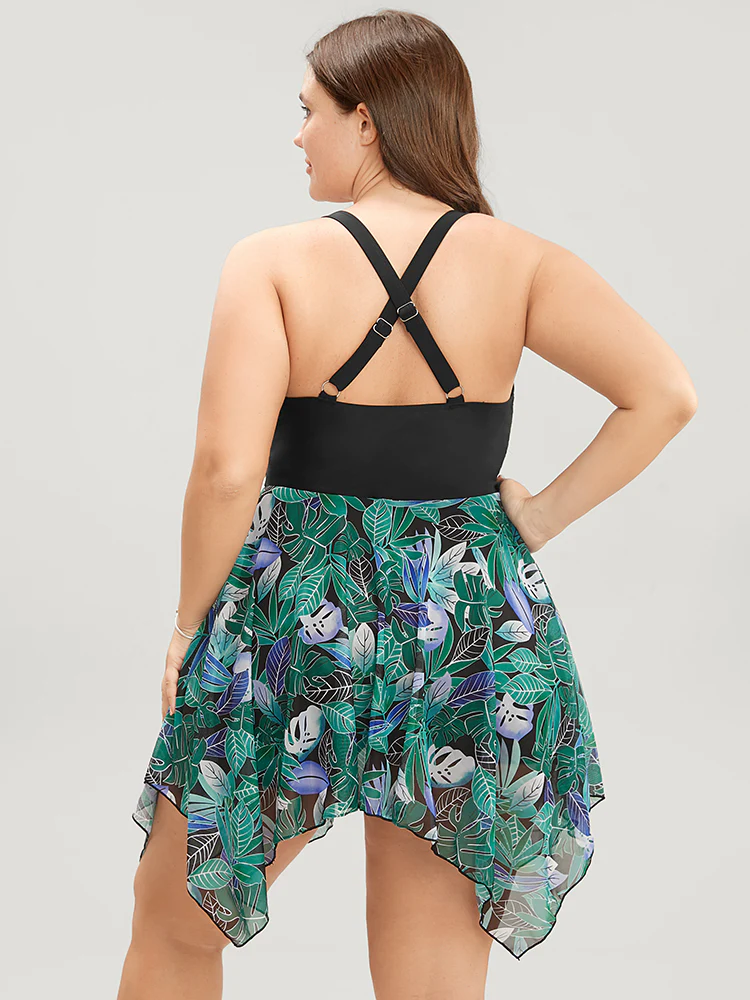 Tropical Ruched Ties Hanky Hem Crisscross Swim Dress