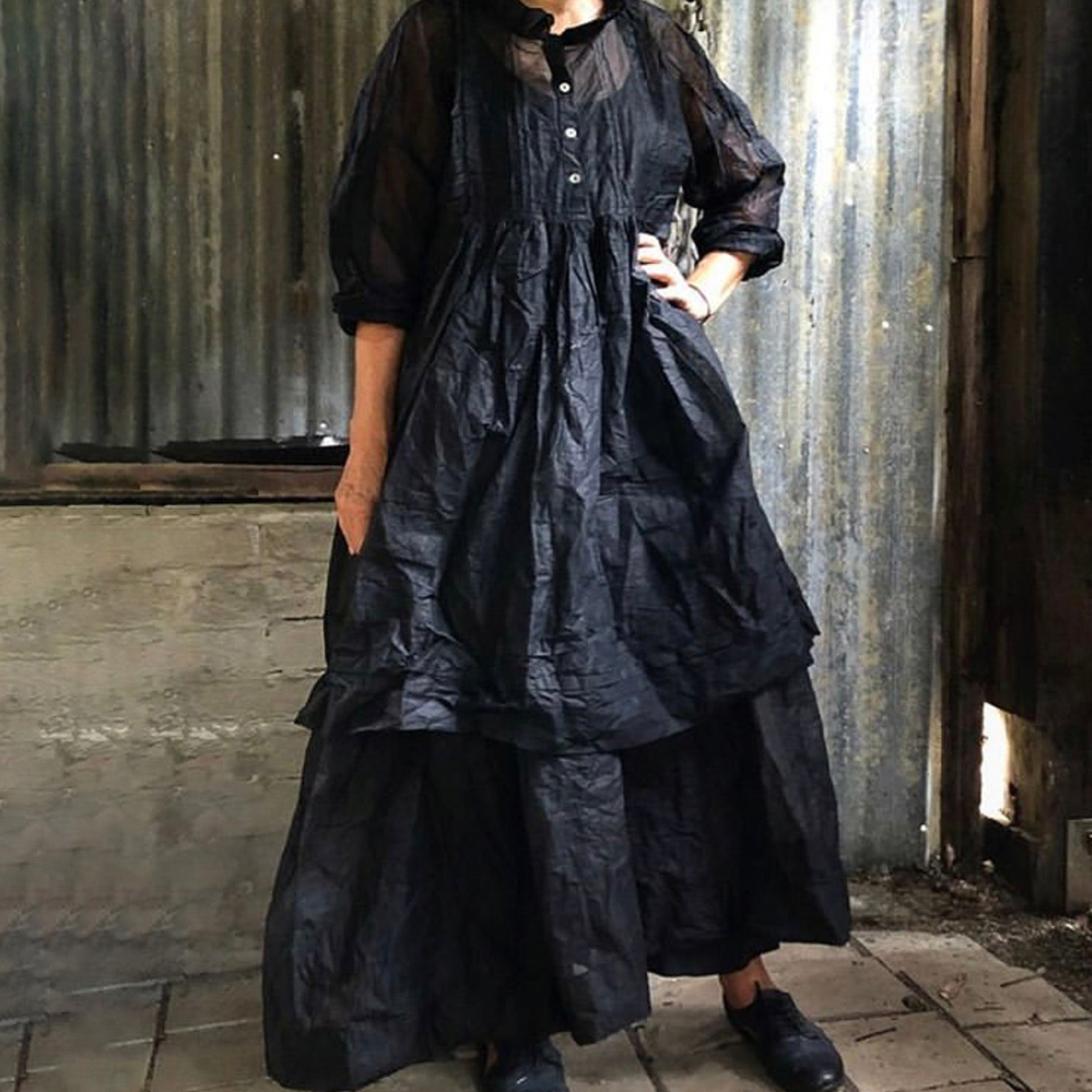 Solid Button Neck Loose Swing Mini Dress