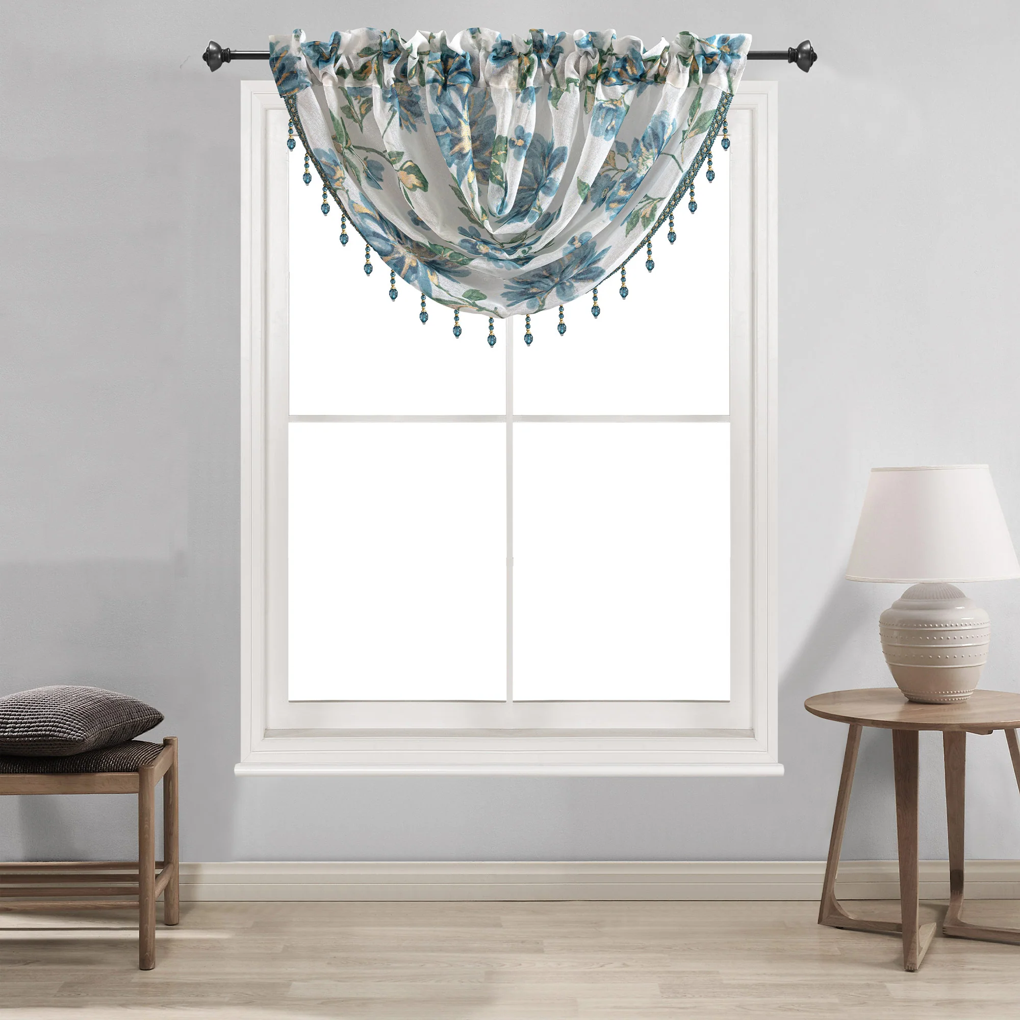 Anna Sheer Metallic Floral Rod Pocket Window Panel & Waterfall Valance, All Sold Separately