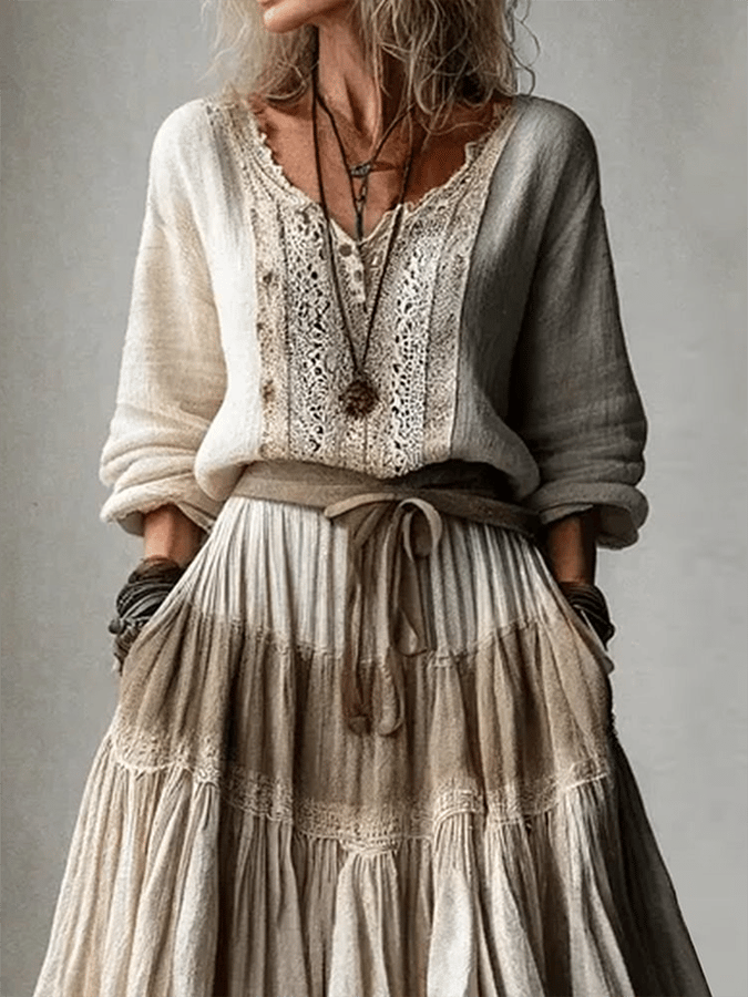 Women's V-Neck Long-Sleeved Lace Patchwork Cotton And Linen Shirt