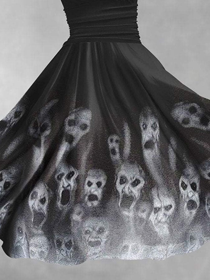 🔥Buy 3 Get 10% Off🔥V Neck Retro Halloween Ghost Screaming Print Maxi Dress