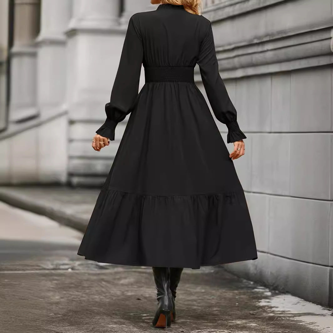 Women's V-neck Lantern Long Sleeve Fashion Dress