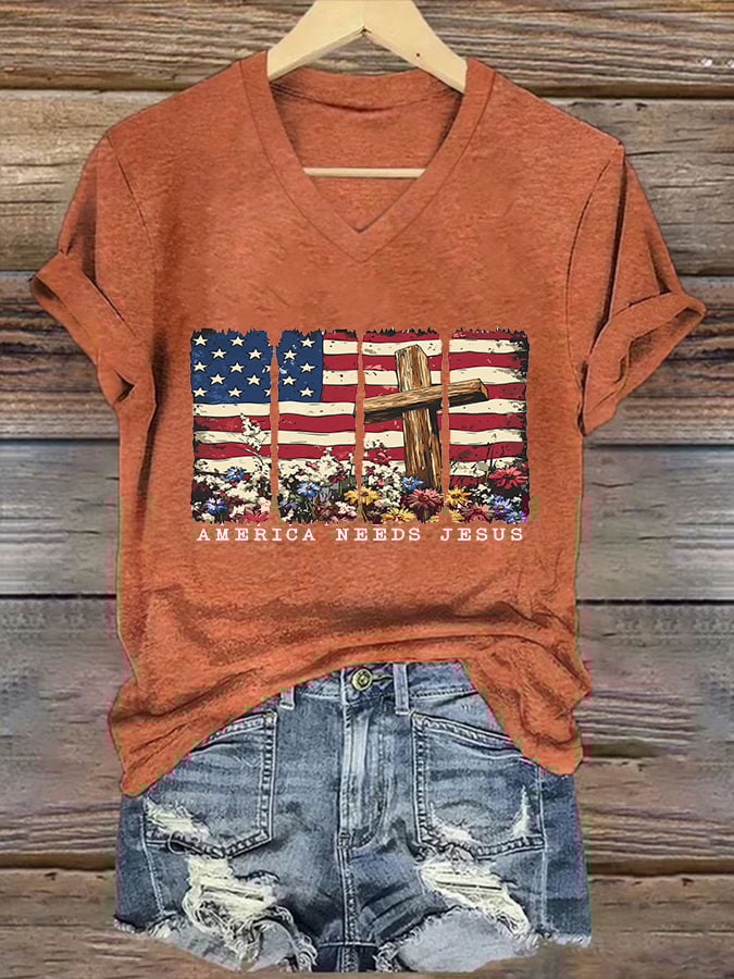Women's America Needs Jesus Print V-Neck T-Shirt