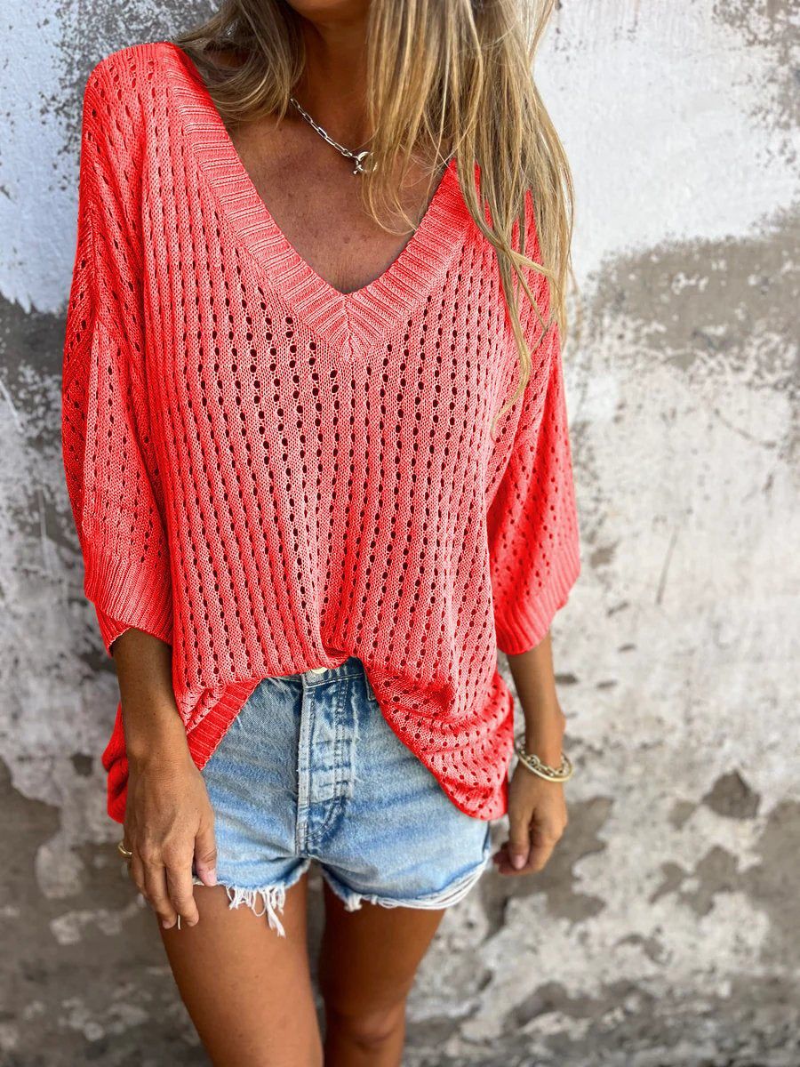 Women's Long-Sleeved Knitted Mountain Idle Style Outer Match with Hollow Out Design