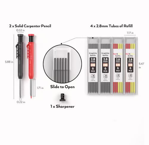 Carpenter Pencil with Sharpener, Mechanical Pencils Set with 24 Refills, Deep Hole Marker for Construction, Heavy Duty Woodworking Pencils for Architect
