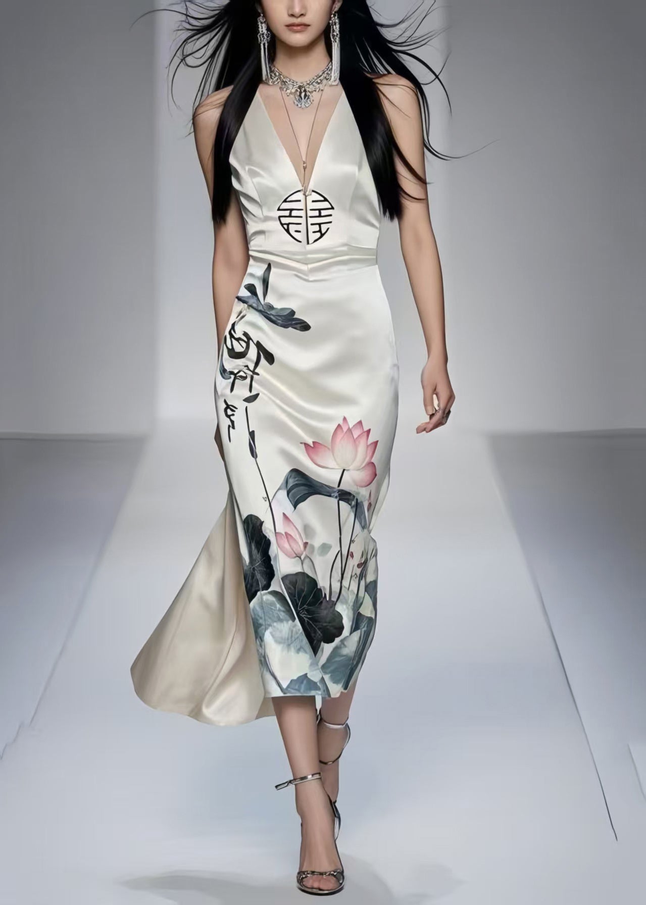 New Retro White Print Silm Fit Wraped Dress Sleeveless