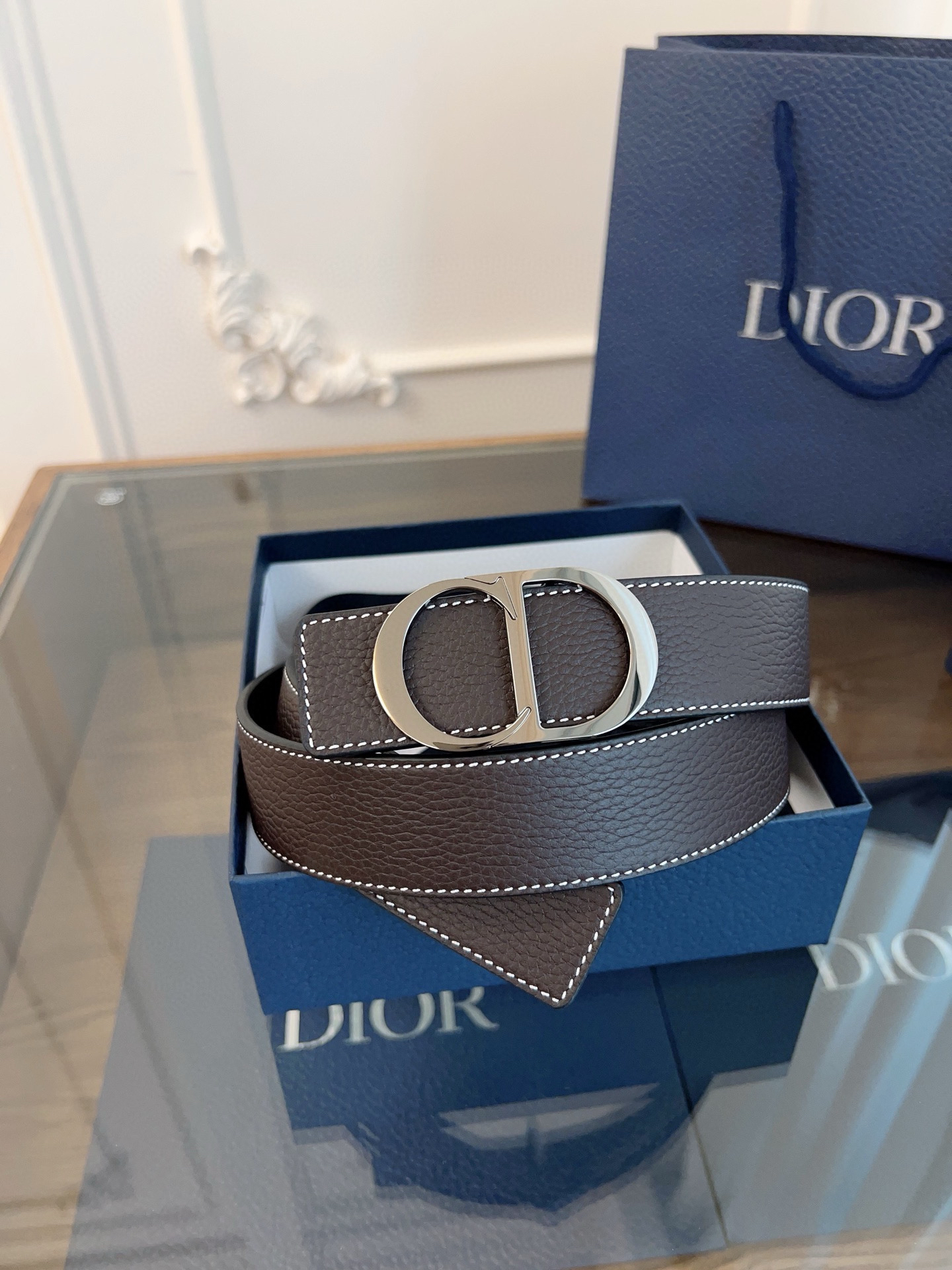Dior coffee black double-sided cowhide leather belt width 3.5cm