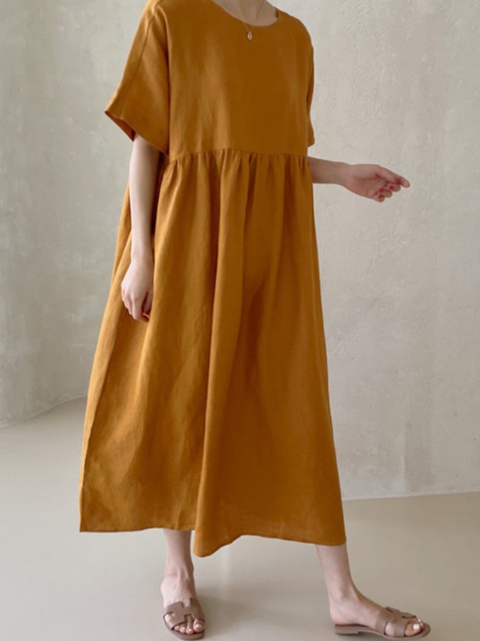 Women's Solid Color Buttoned Design Loose Cotton And Linen Casual Dress