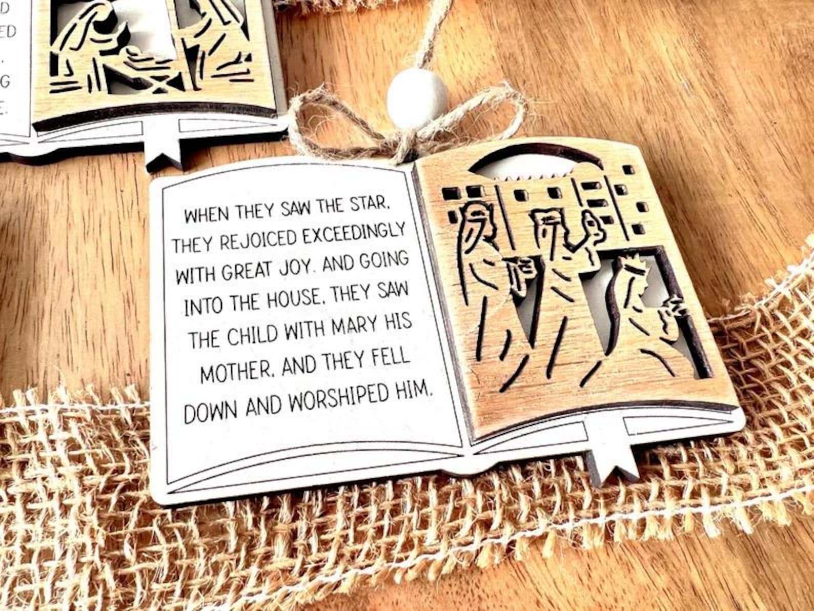 Handcrafted Wooden Nativity Scene Ornaments with Scripture