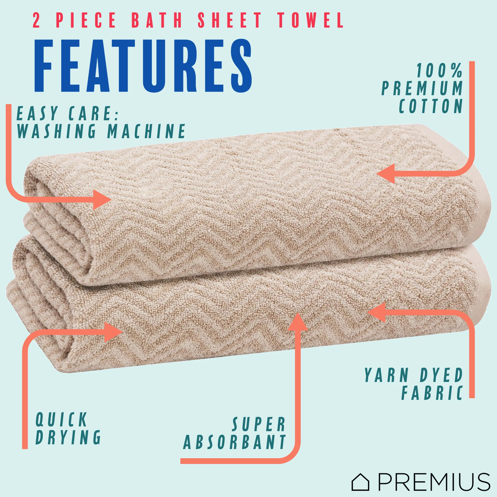 PREMIUS 2 Pack Chevron 100% Cotton Yarn Dyed Bath Sheet Towel, 32x64 Inches