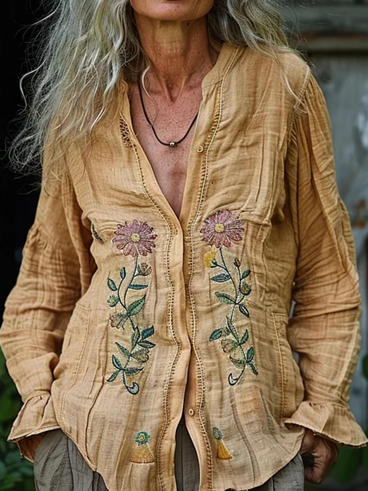 Bohemian Style Linen Floral Art Print  Long Sleeve Shirt