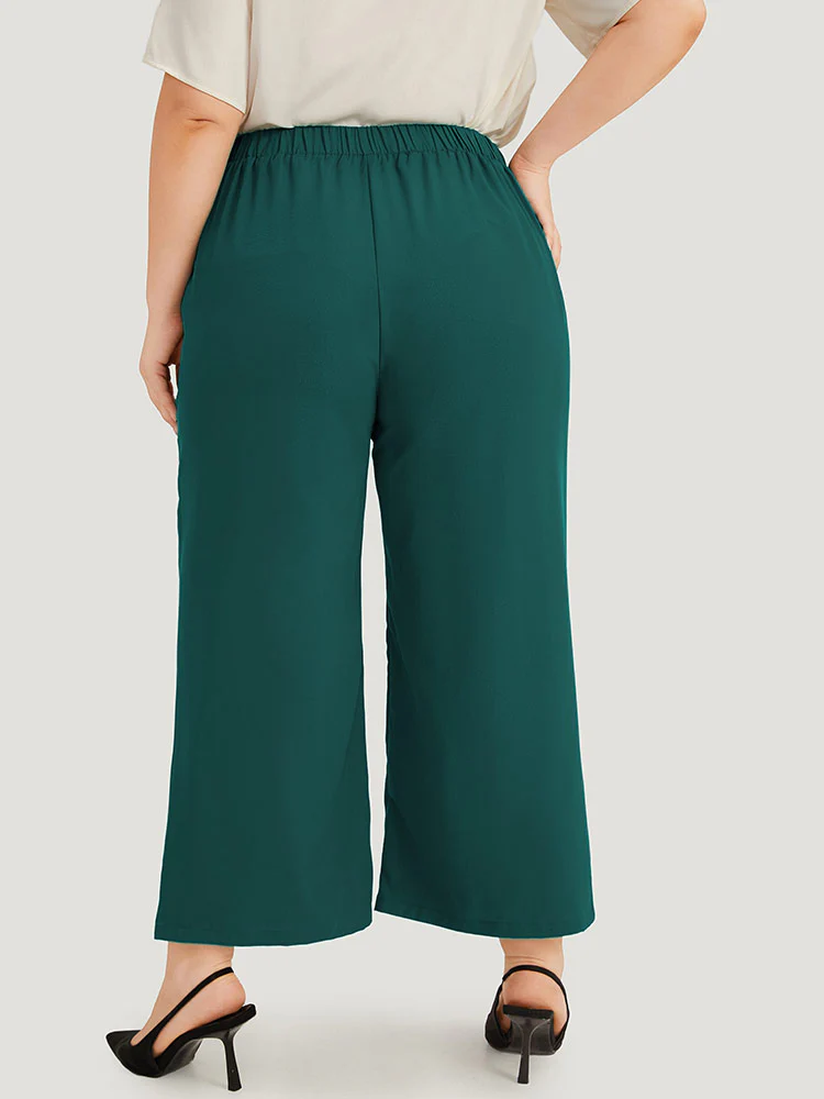 Solid Pleated Button Detail Straight Leg Pants