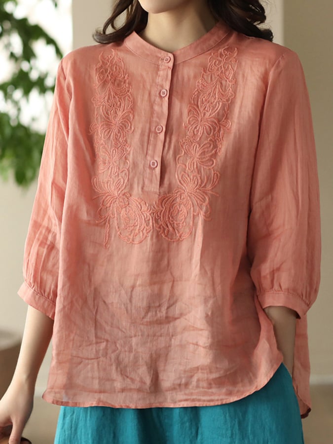 Women's Cotton Art Fashion Embroidery 3/4 Sleeve Half Button Shirt