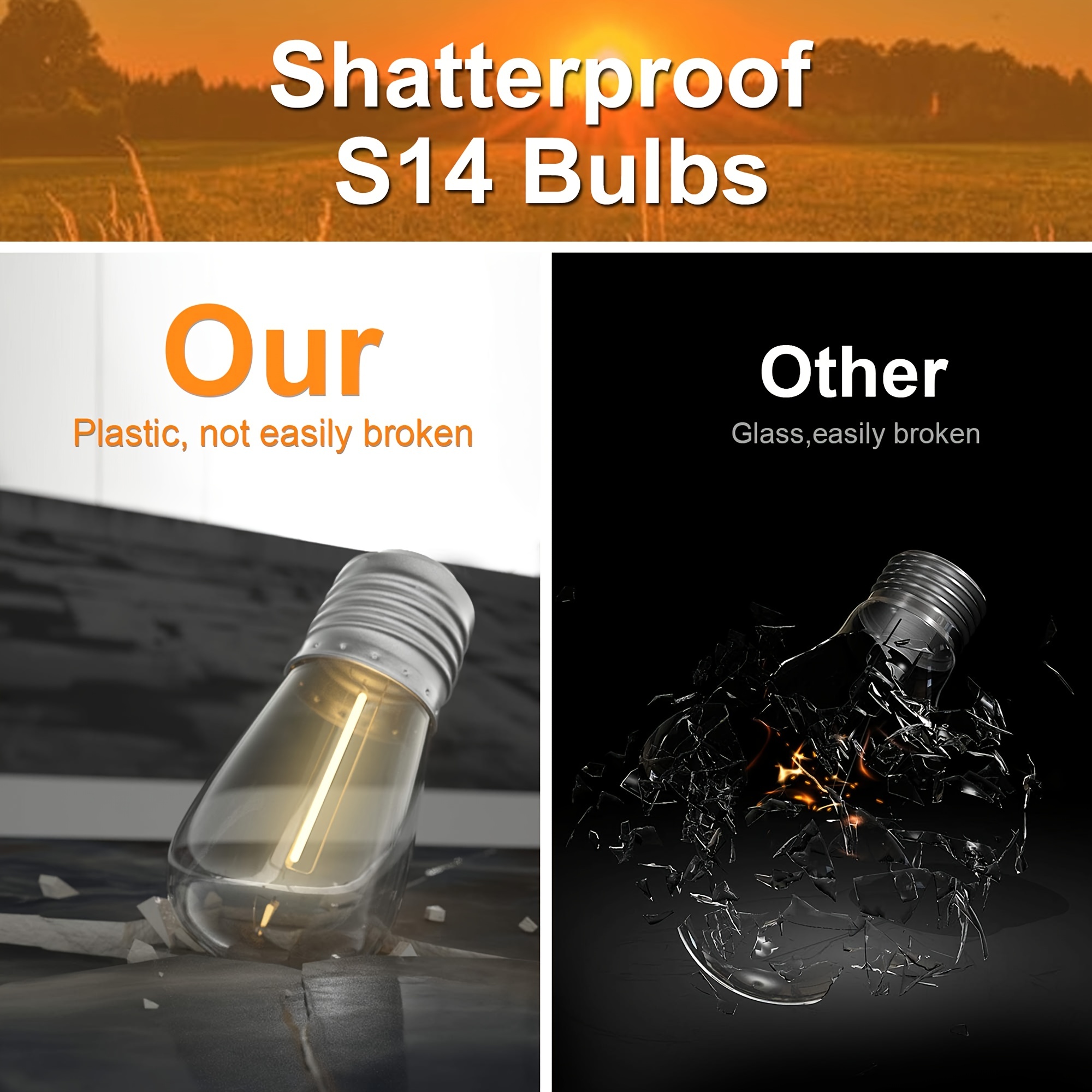 Solar String Lights Outdoor Waterproof LED Shatterproof 25FT/49FT Heavy Duty Outdoor String Lights Solar Powered With Plastic Hanging S14 Bulbs