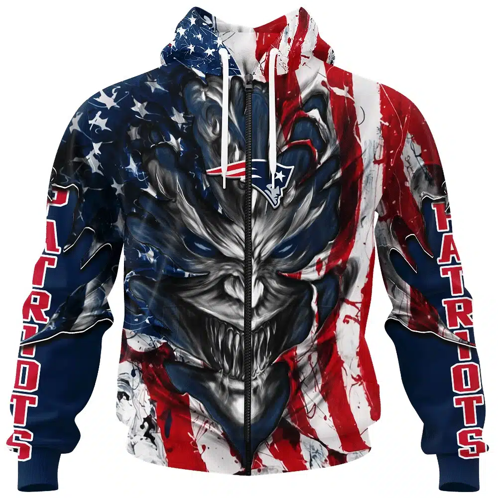 NEW ENGLAND PATRIOTS DEMON FACE AMERICAN FLAG-3D UNISEX HOODIE