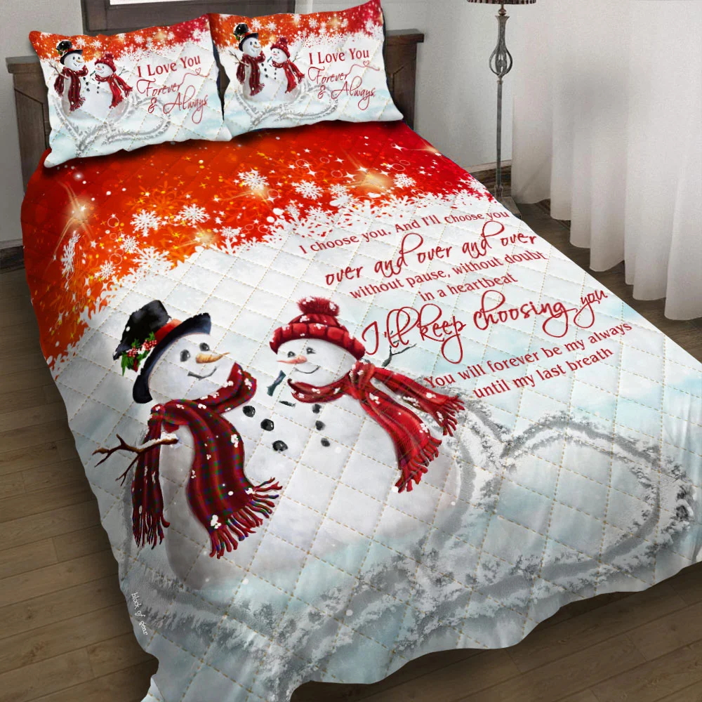 Snowman Couple Christmas Quilt Bed Set