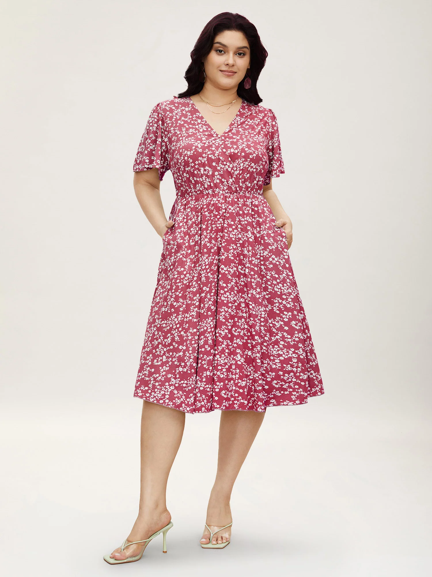 Bloom Dress - Ditsy Floral Elastic Waist Ruffles Pocket Knee Dress