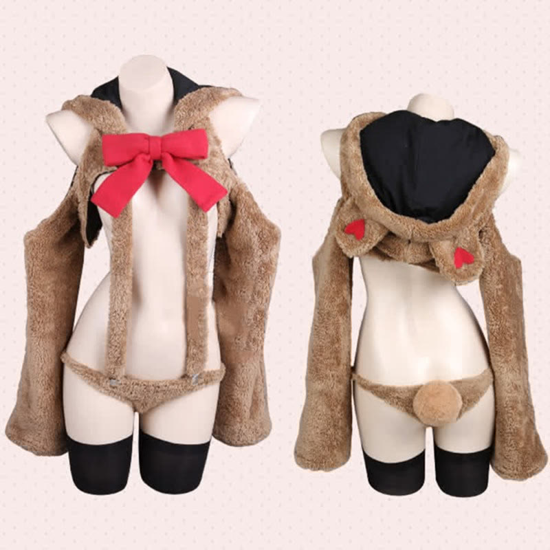 Cosplay Bowknot Hooded Plush Lingerie Set