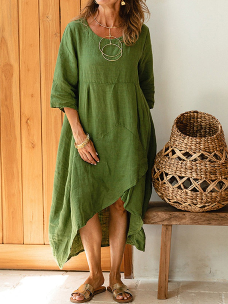 Solid Round Neck Casual Loose Midi Dress