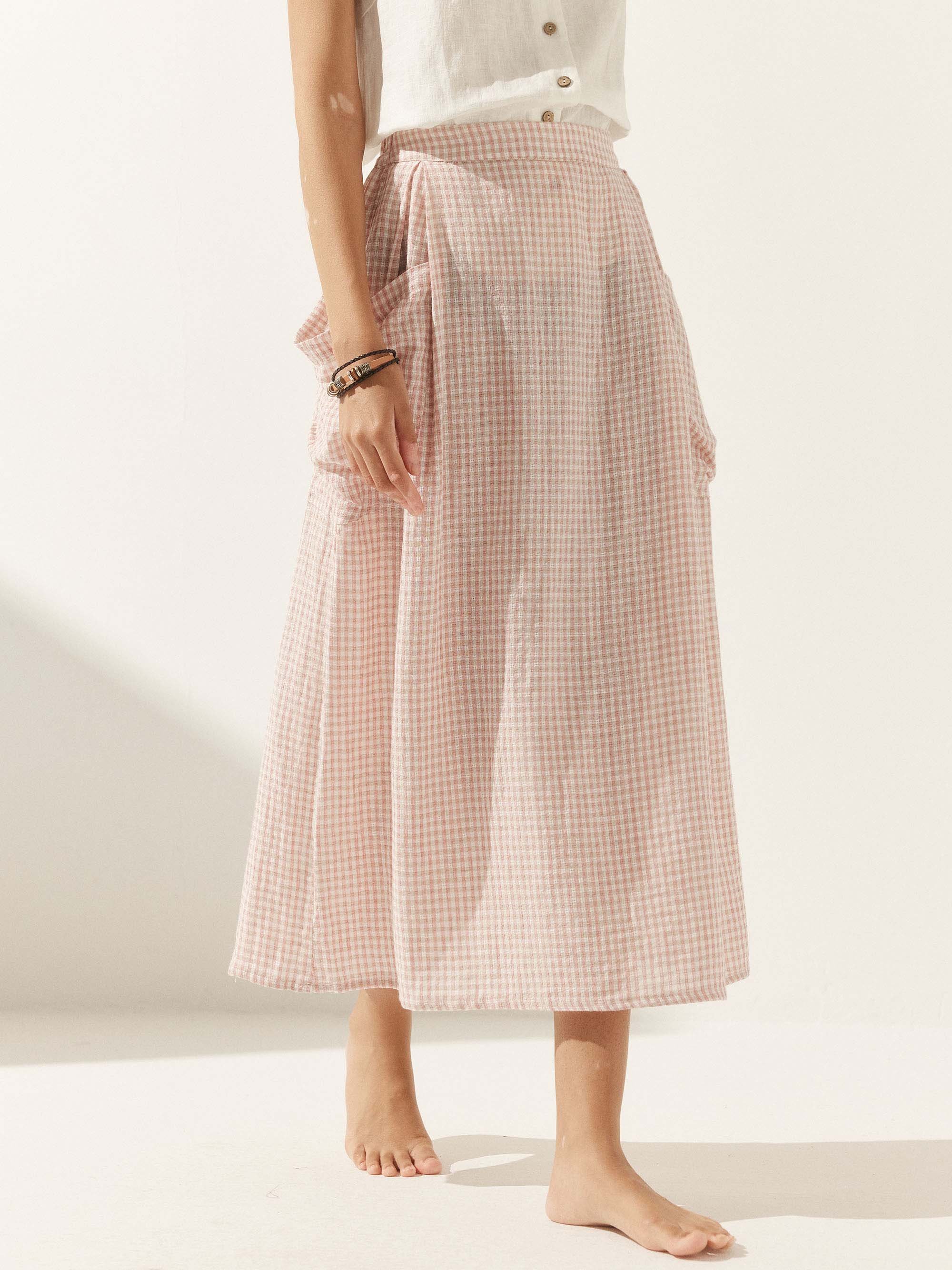 Women'S Linen Check Elastic Waist Skirt