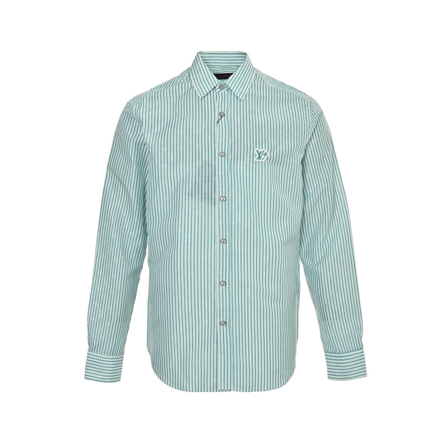 Louis Vuitton 25Fw green striped long-sleeved shirt with logo patch