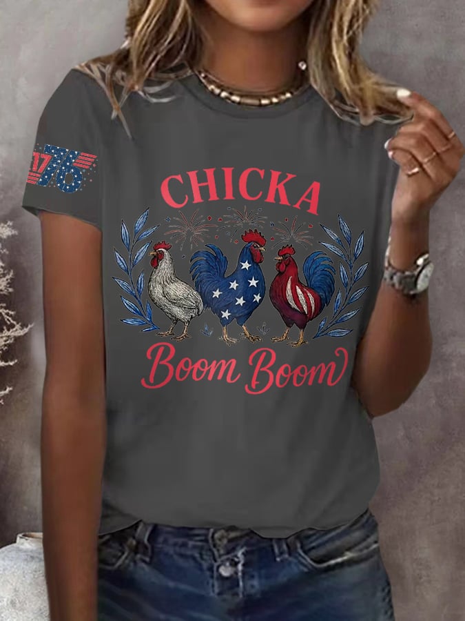Women's Chicka Boom Boom Patriotic Rooster Print Round Neck T-Shirt