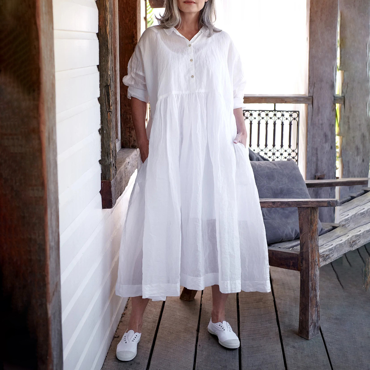 Solid Comfortable Casual Button V-Neck Long Sleeve Midi Dress