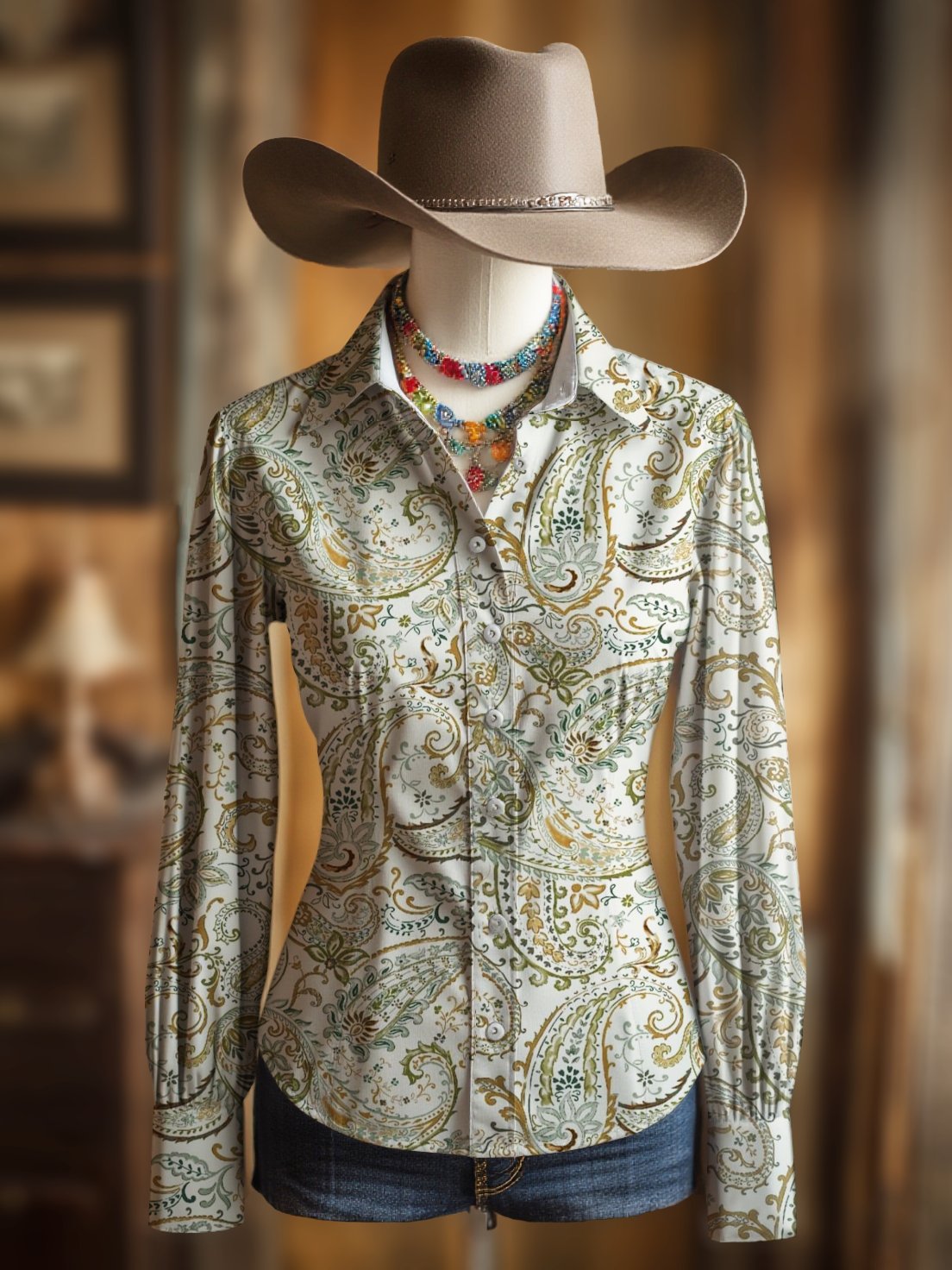 Women's Vintage Paisley Floral Print Western Long Sleeve Shirt